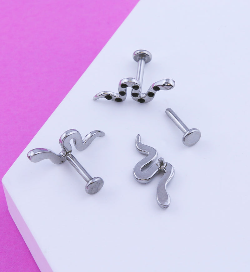 Spotted Snake Black CZ Stainless Steel Internally Threaded Labret