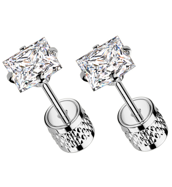 Square Clear CZ Stainless Steel Textured Cylinder Back Stud Earrings