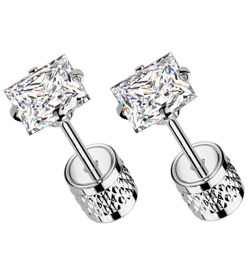 Square Clear CZ Stainless Steel Textured Cylinder Back Stud Earrings