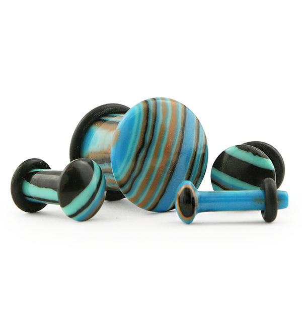 Synthetic Striped Blue Agate Stone Plugs - Single Flare