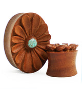 Sunflower Turquoise Inlay Oval Wood Plugs