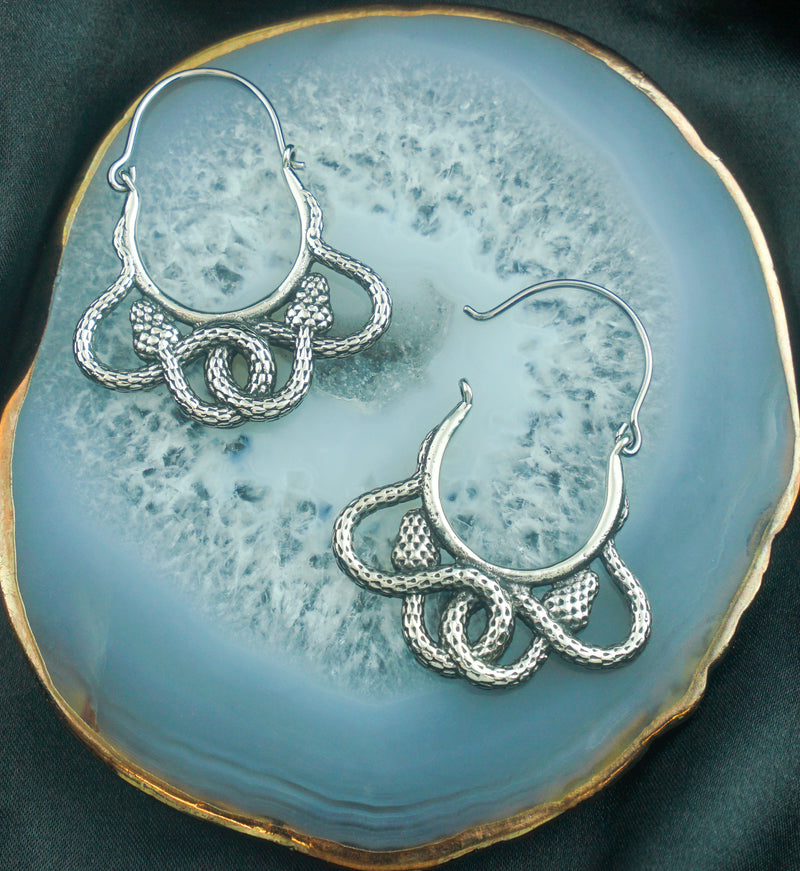 Tangled Snakes White Brass Plug Hoops