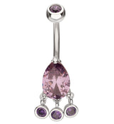 Teardrop Amethyst CZ Triple Bezel Dangle Stainless Steel Belly Button Ring