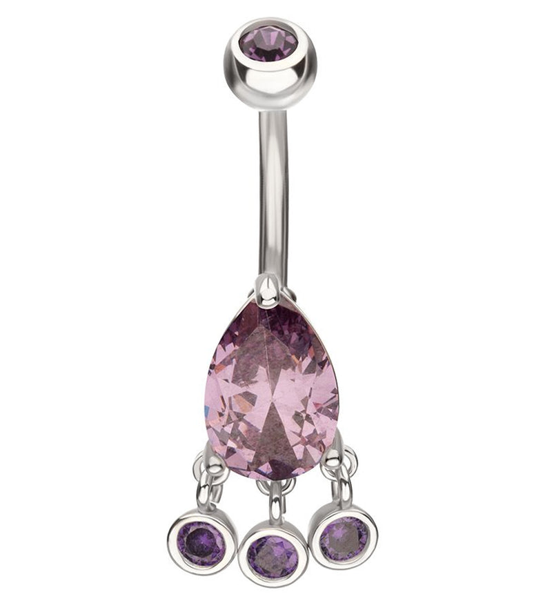 Teardrop Amethyst CZ Triple Bezel Dangle Stainless Steel Belly Button Ring