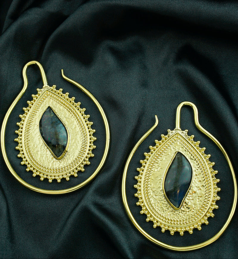 Teardrop Beaded Labradorite Stone Inlay Brass Ear Weights