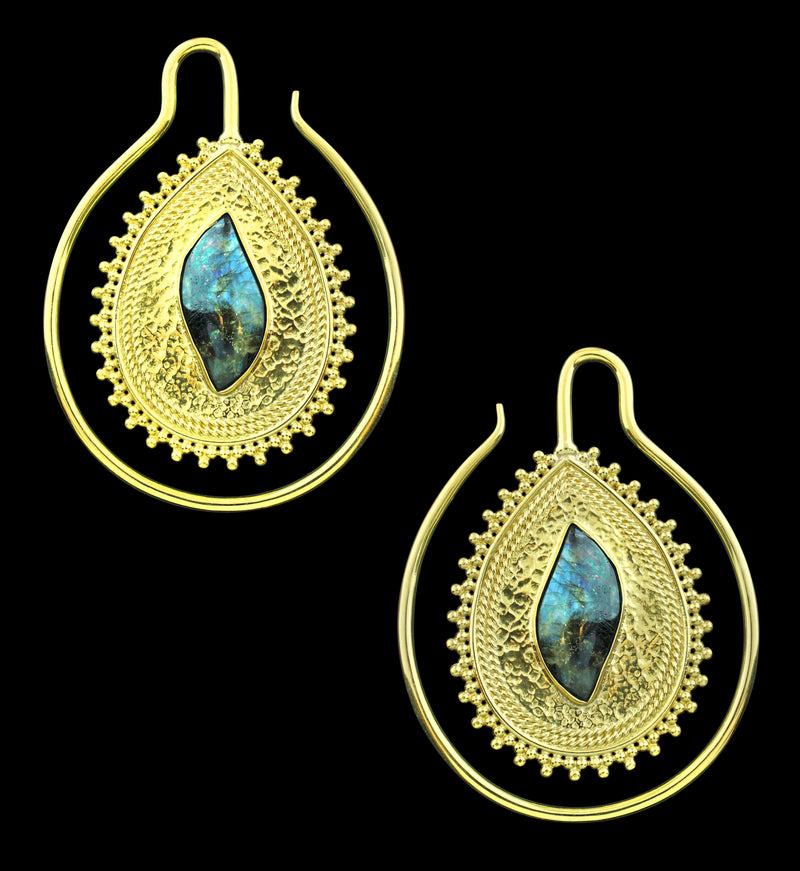 Teardrop Beaded Labradorite Stone Inlay Brass Ear Weights