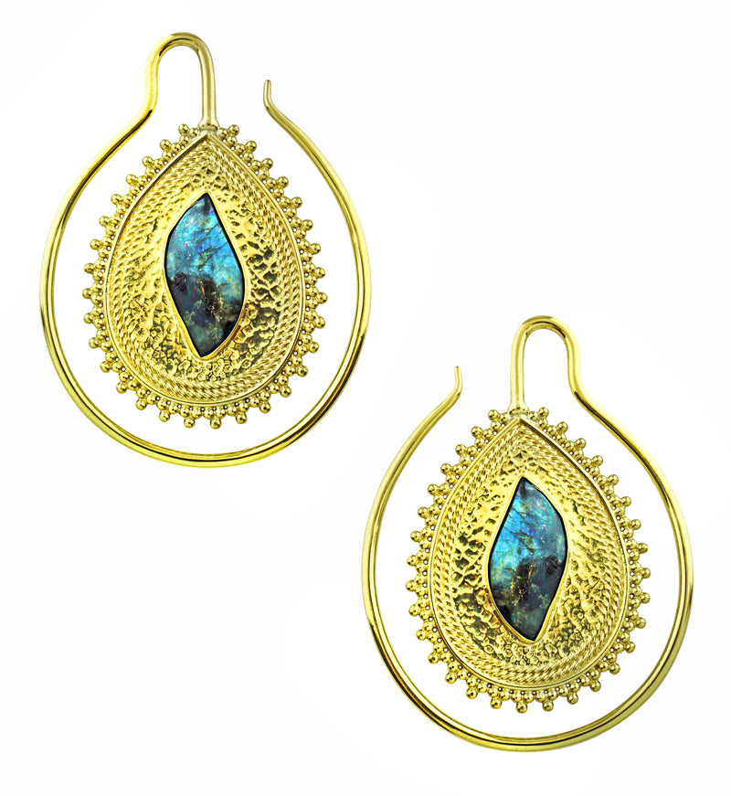 Teardrop Beaded Labradorite Stone Inlay Brass Ear Weights