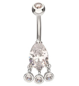 Teardrop Clear CZ Triple Bezel Dangle Stainless Steel Belly Button Ring