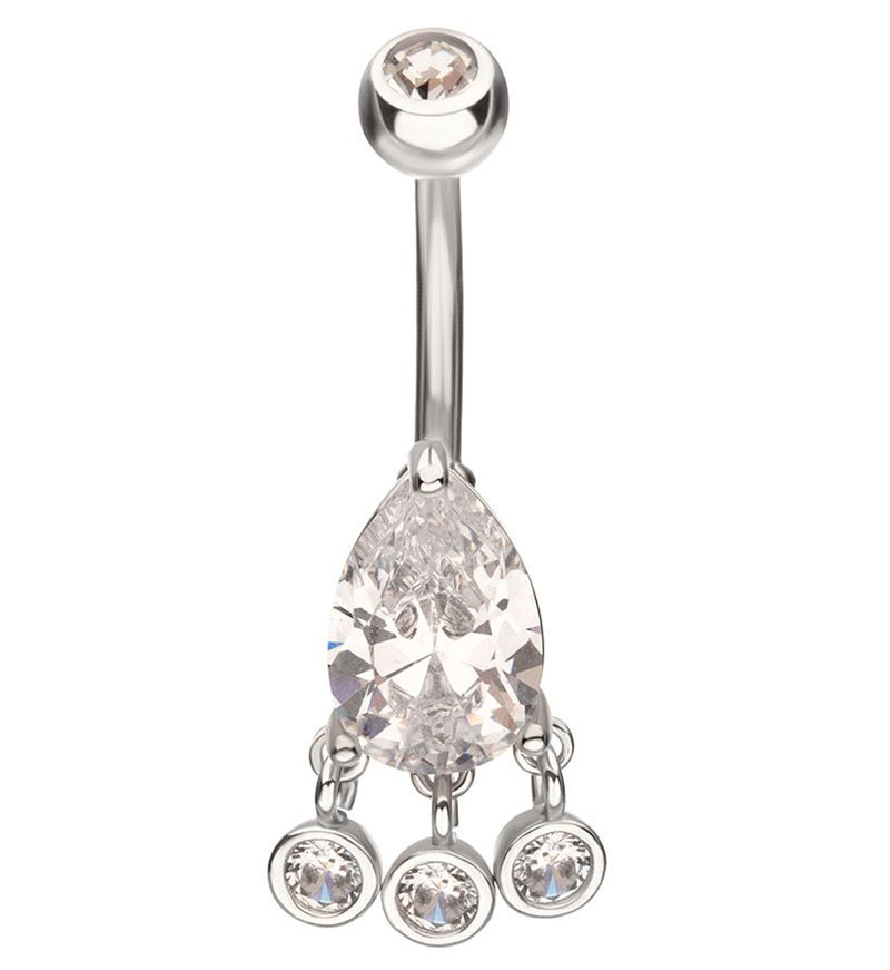 Teardrop Clear CZ Triple Bezel Dangle Stainless Steel Belly Button Ring