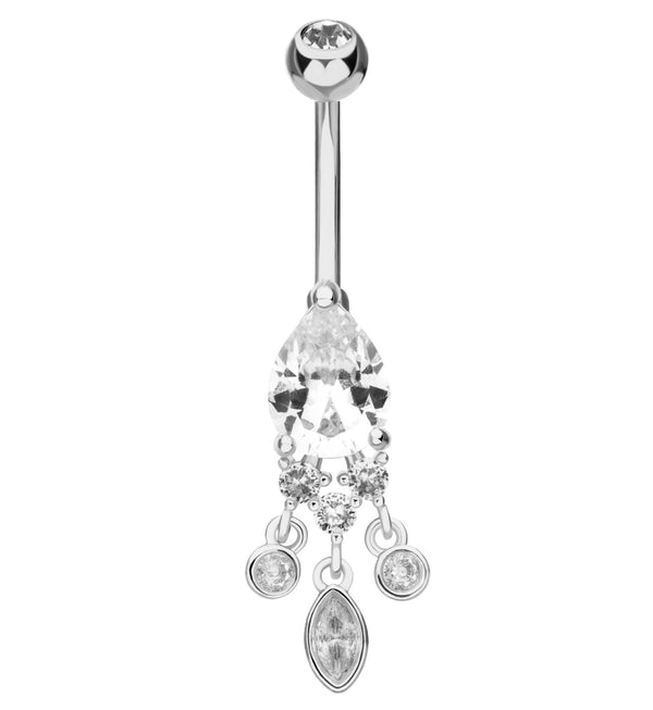 Teardrop Clear CZ Triple Dangle Stainless Steel Belly Button Ring