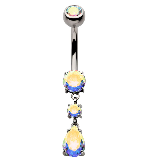 Teardrop Dangle Rainbow Aurora CZ Internally Threaded Titanium Belly Button Ring