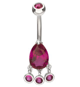 Teardrop Fuchsia CZ Triple Bezel Dangle Stainless Steel Belly Button Ring