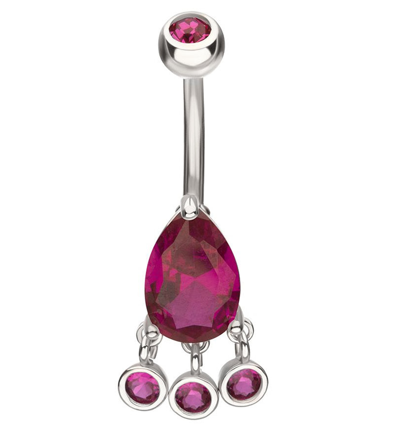 Teardrop Fuchsia CZ Triple Bezel Dangle Stainless Steel Belly Button Ring