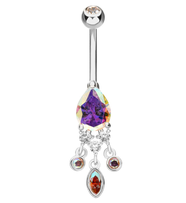 Teardrop Rainbow Aurora CZ Triple Dangle Stainless Steel Belly Button Ring