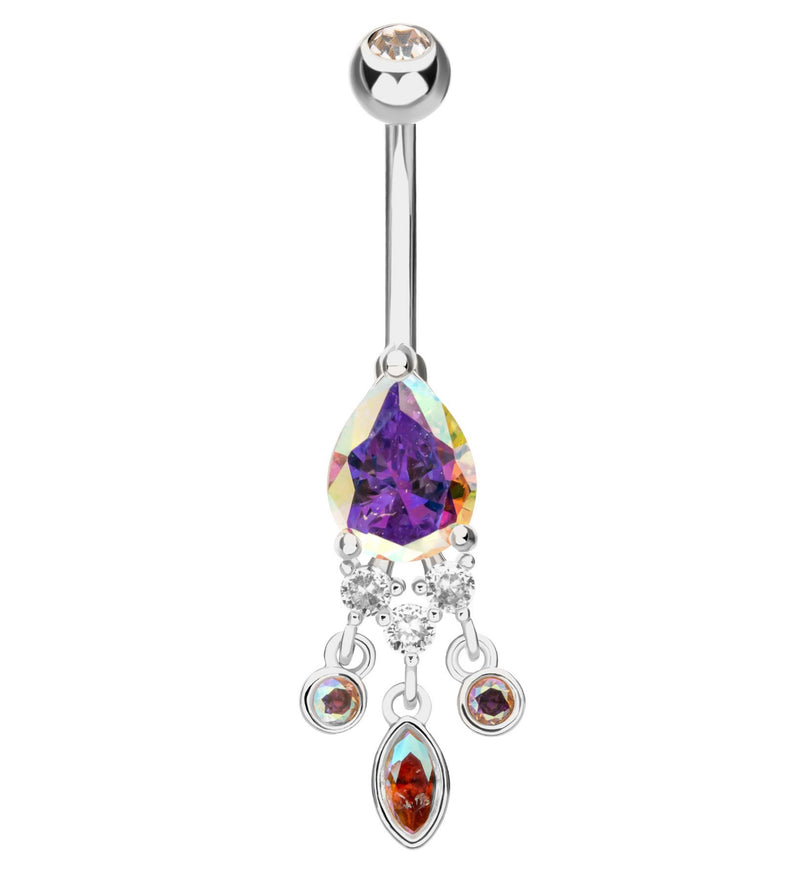 Teardrop Rainbow Aurora CZ Triple Dangle Stainless Steel Belly Button Ring