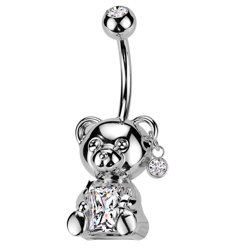 Teddy Bear Baguette Clear CZ Stainless Steel Belly Button Ring