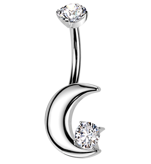 Thick Crescent Clear CZ Titanium Internally Threaded Belly Button Ring