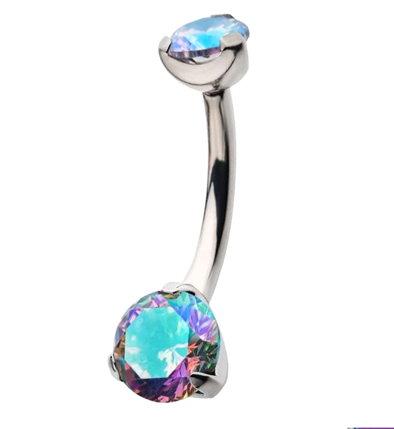 Three Prong Rainbow CZ Internally Threaded Belly Ring