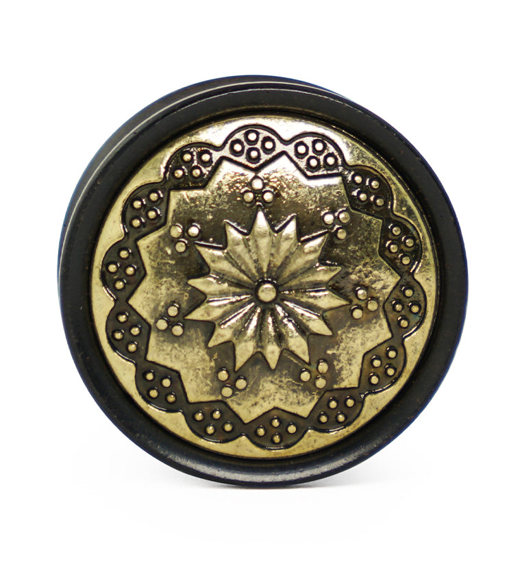 Ebony Wood Plugs With Brass Tribal Blossom Inlay