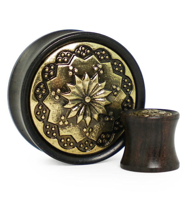 Ebony Wood Plugs With Brass Tribal Blossom Inlay