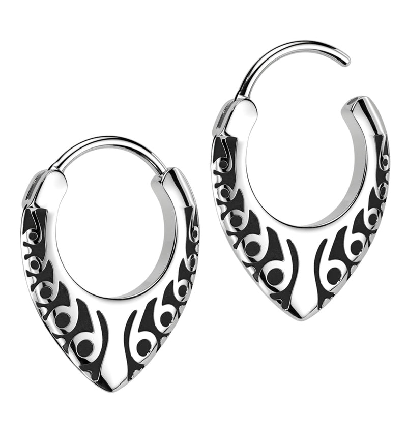 Tribal Teardrop Stainless Steel Hinged Hoop Earrings