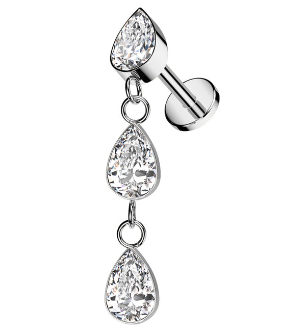 Triple Bezel Teardrop Dangle Clear CZ Titanium Internally Threaded Labret