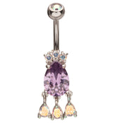 Triple Dangle Teardrop Amethyst And Rainbow Aurora CZ Stainless Steel Belly Button Ring