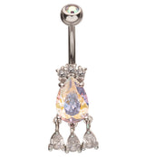 Triple Dangle Teardrop Rainbow Aurora And Clear CZ Stainless Steel Belly Button Ring