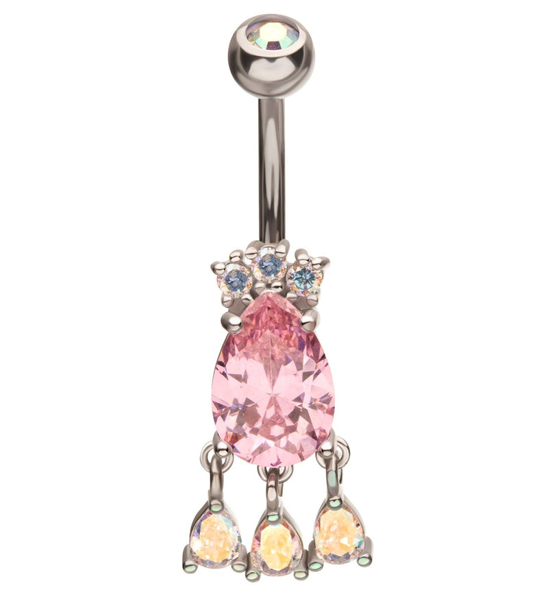 Triple Dangle Teardrop Pink And Rainbow Aurora CZ Stainless Steel Belly Button Ring