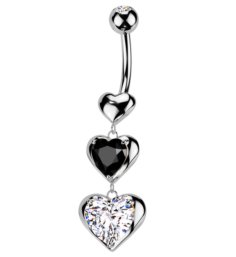 Triple Heart Dangle Clear And Black CZ Stainless Steel Belly Button Ring