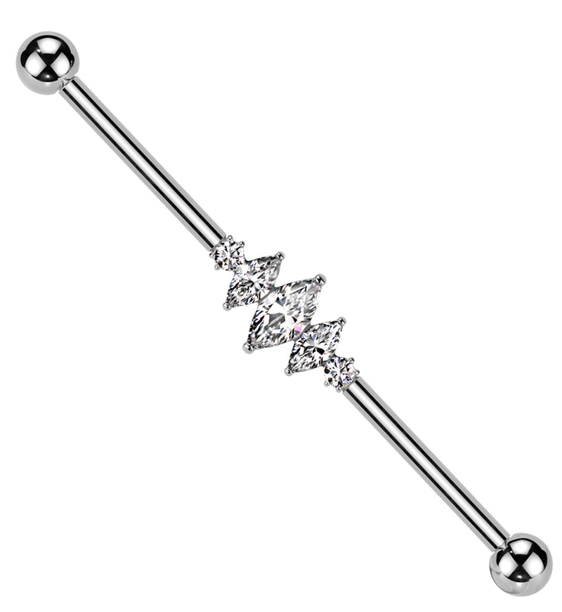 Triple Marquise Center Clear CZ Internally Threaded Titanium Industrial Barbell