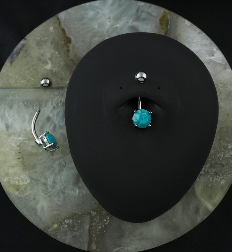 Turquoise Stone Prong Stainless Steel Belly Button Ring