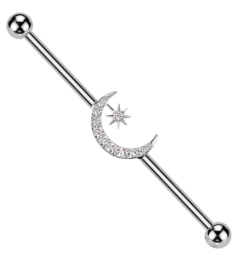 Twilight Moon And Star Clear CZ Internally Threaded Titanium Industrial Barbell