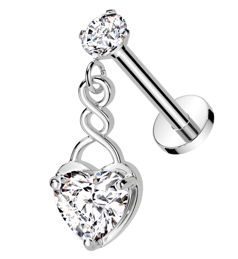 Twisted Dangle Heart Clear CZ Internally Threaded Stainless Steel Labret