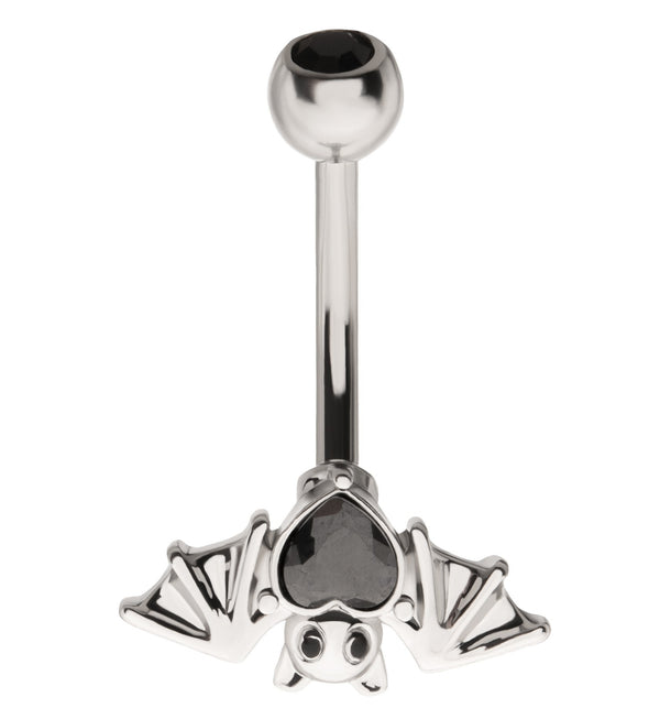 Upside Down Bat Black Heart CZ Stainless Steel Belly Button Ring