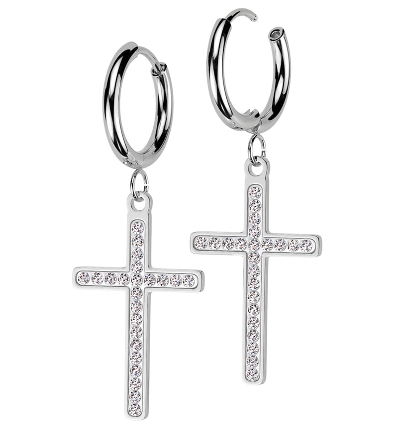 White Cross Clear CZ Stainless Steel Hoop Earrings