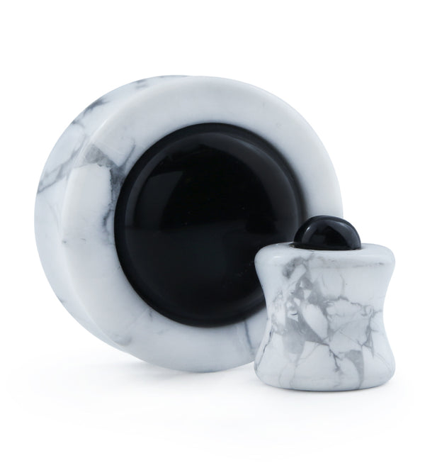 White Howlite Stone Plugs with Obsidian Stone Inlay