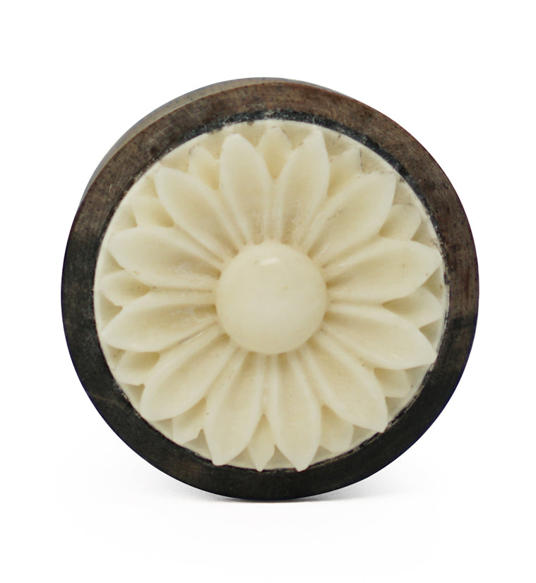 Areng Wooden Plugs With Carved Bone Daisy Flower Inlay