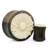 Areng Wooden Plugs With Carved Bone Daisy Flower Inlay