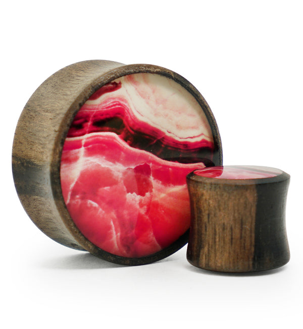 Areng Wood Plugs with Faux Pink Line Agate Inlay