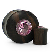 Areng Wood Plugs With Pink CZ Gem Inlay