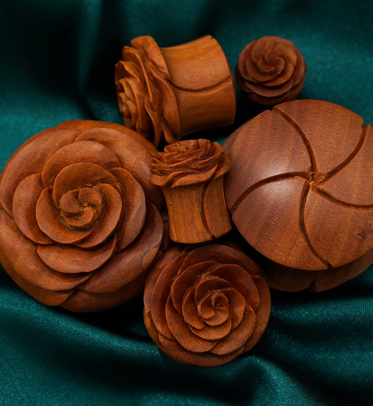 Carved Rosebud Saba Wood Plugs