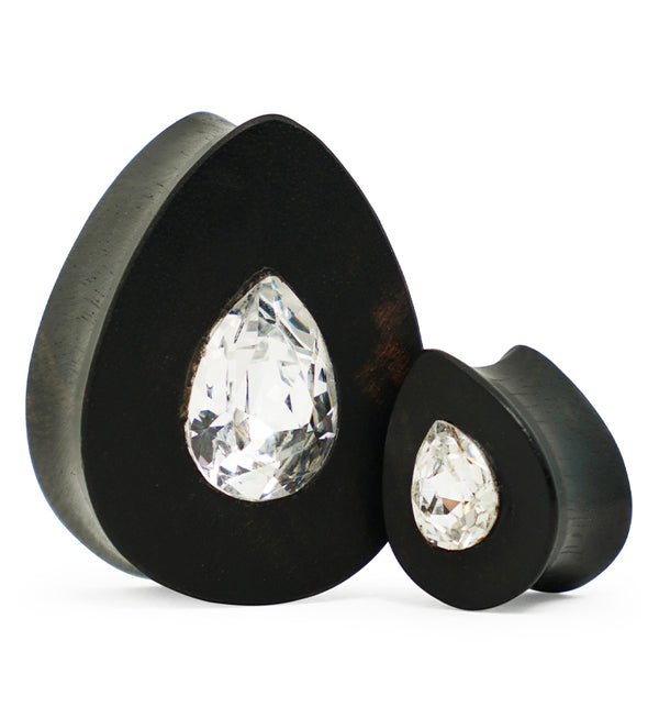 Areng Wooden Teardrop Plugs with Teardrop Swarovski CZ Inlay