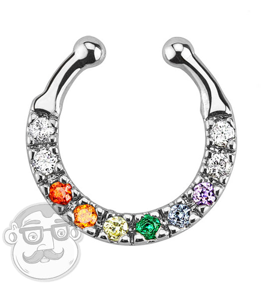 Ten Rainbow CZ Gem Fake Septum Clicker Ring