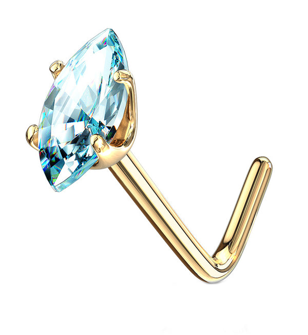 14kt Gold Ellipt Aqua CZ L Bend Nose Ring