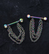 14G Rainbow PVD Rainbow Aurora CZ Chained Nipple Rings Barbell