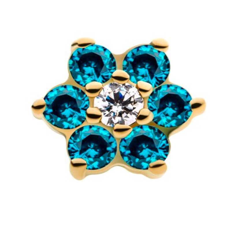 14kt Gold Aqua & Clear CZ Flower Threadless Top