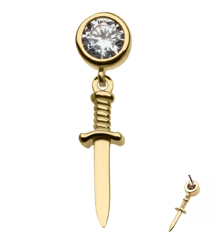 14kt Gold Clear CZ Dangling Dagger Threadless Top