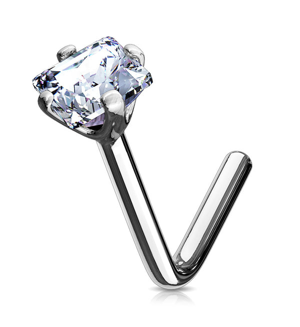 20G Clear Square CZ 14kt White Gold L Shaped Nose Ring