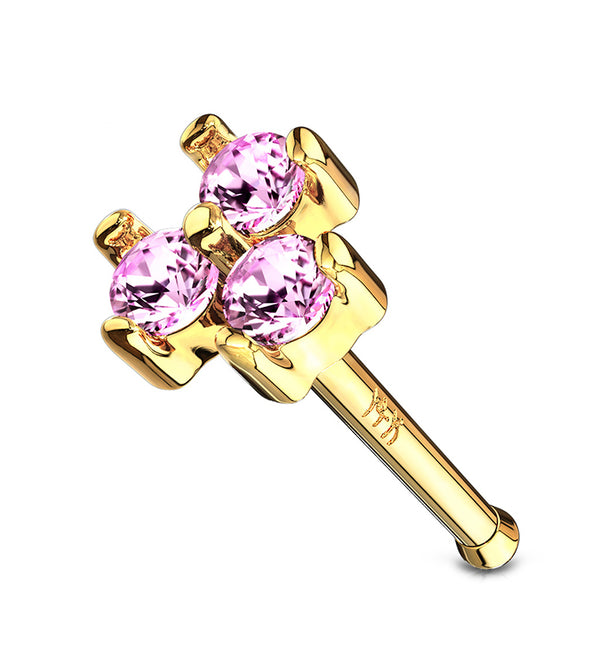 20G Pink Trinity CZ 14kt Gold Nosebone